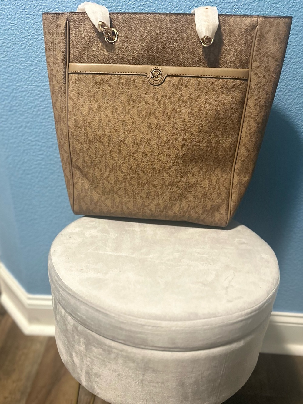 Michael Kors Logo-Print Tote in Light Brown with Gold Hardware